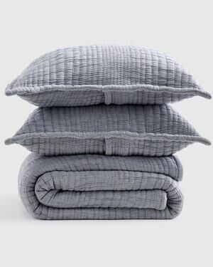NWOT Quince 100% Organic Cotton Channel Stitch Coverlet Set Twin Blue $114 MSRP